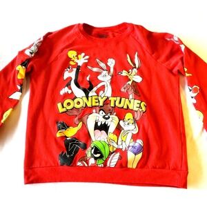 Womens Looney Tunes Sweater Sweatshirt Youth XL 15-17 Red All Over Graphic